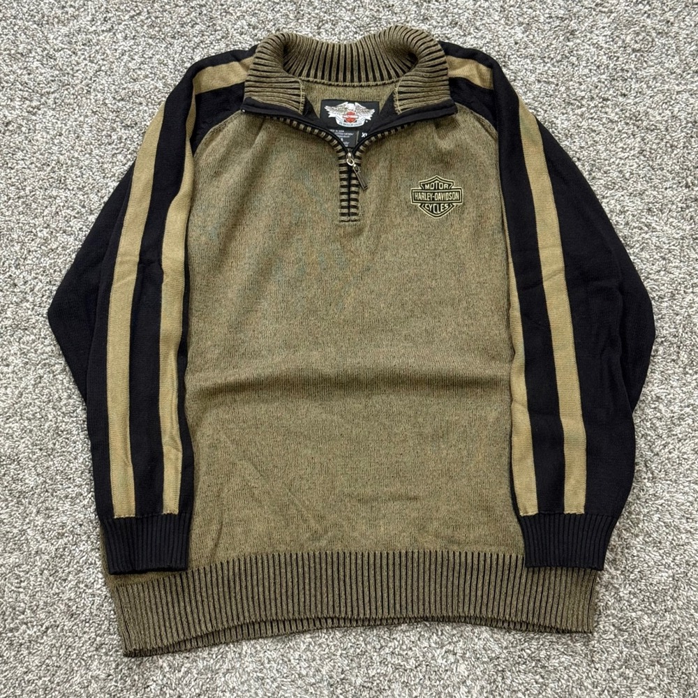 Y2K Harley Davidson Quarter Zip Sweater Olive Green Striped Biker Mens XL